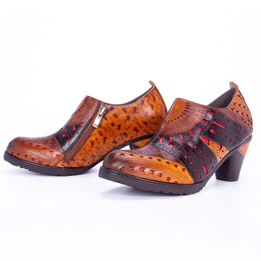 

Office Career Women Pumps Genuine Leather Square Heel Round Toe Buckle Strap Thick heel retro High Quality Shoes For Women