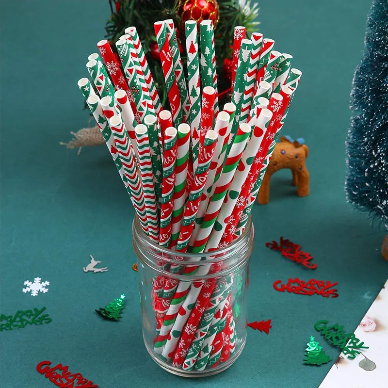 

25Pcs Disposable Christmas Tree Snowflake Stripe Paper Straws Xmas New Year Birthday Party Festival Drinking Decorations