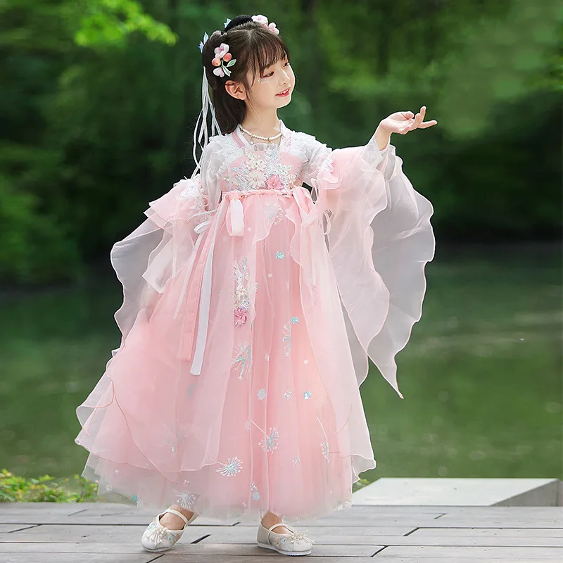 Chinese Style Pink Sequins Embroidery Applique Beading Dress Girl Hanfu Outfit Children Tang Suit Ancient Princess Costume