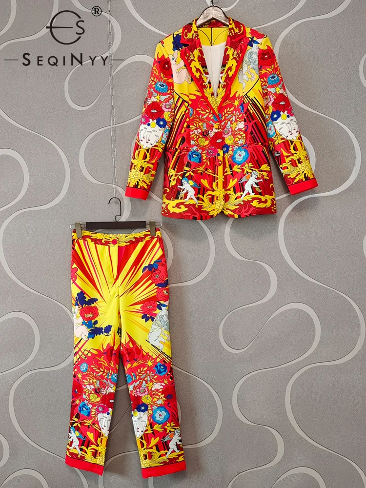 

SEQINYY элегантный костюм осень-весна новый модный дизайн женский подиумный блейзер + узкие брюки винтажный принт Сицилия Цветок Ангел