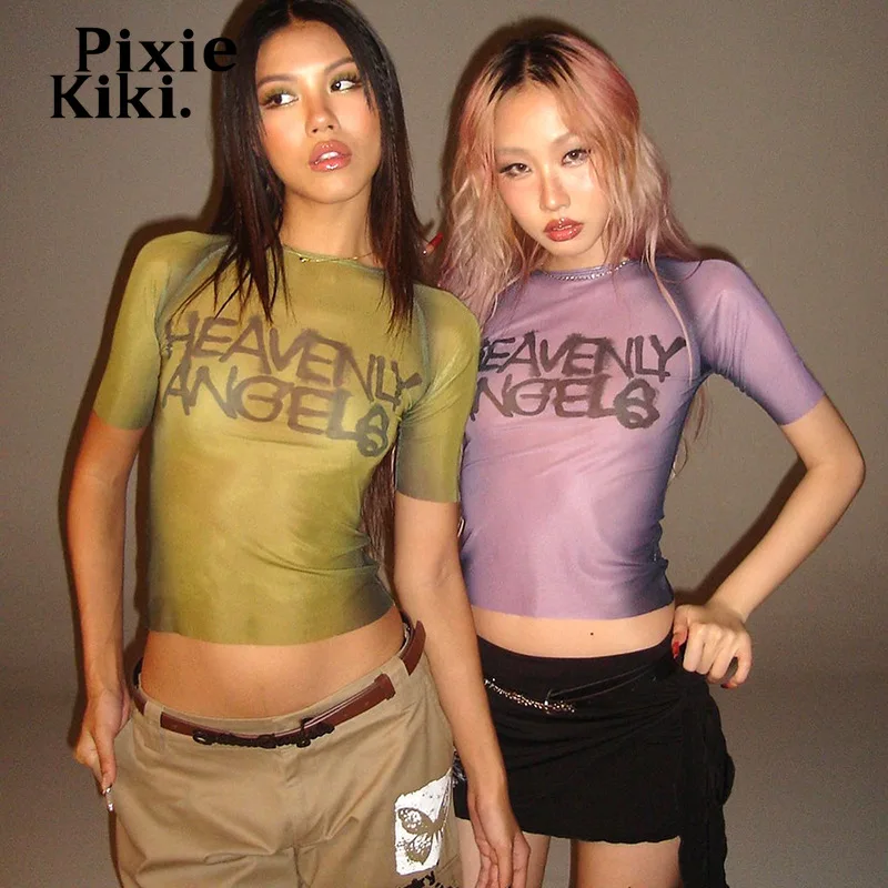 

PixieKiki Y2k Fashion Tops Letter Print Mesh Transparent Graphic Tees Short Sleeve Unique Shirts for Women Streetwear P85-AF10