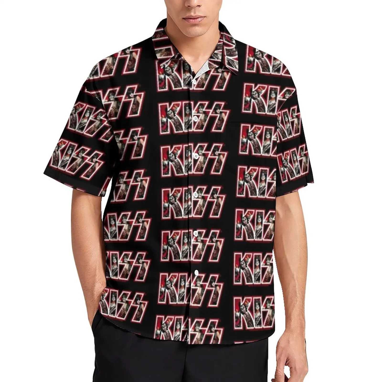 

Повседневные рубашки Kiss с фото группы, рубашка для отпуска с принтом веера, гавайская уличная одежда, мужская графическая блузка размера плюс 3XL 4XL