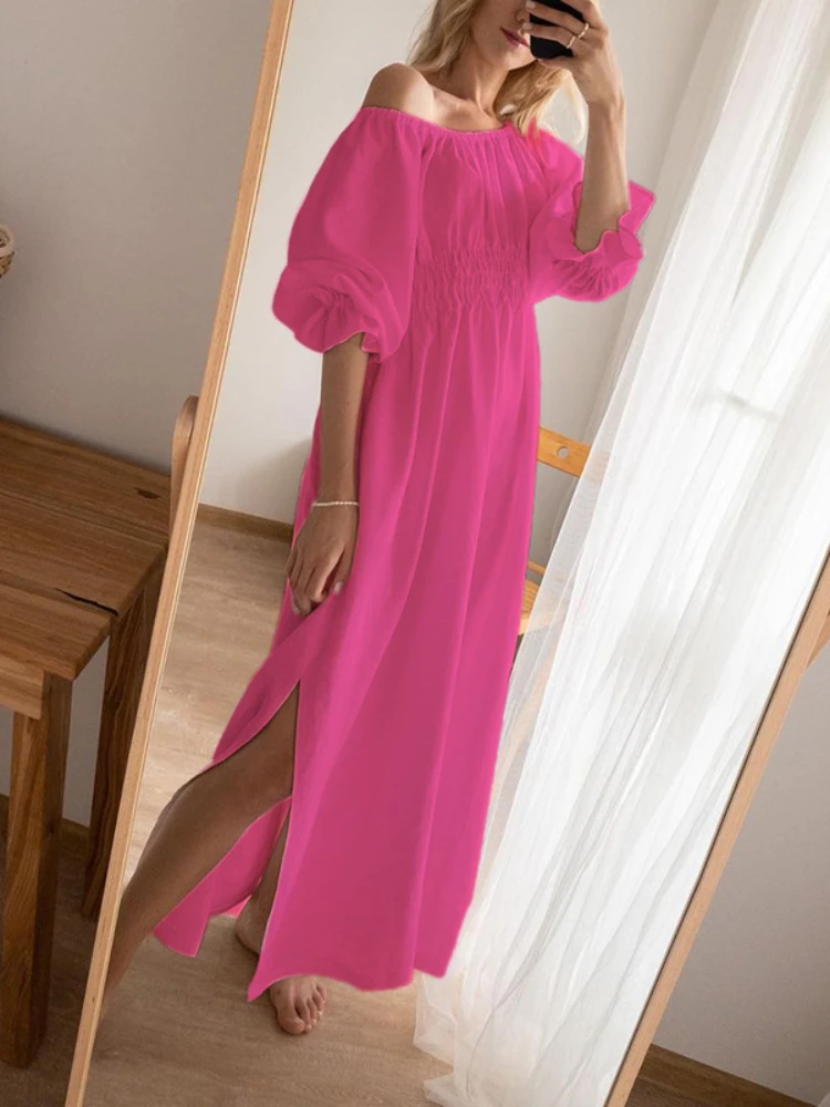 

2022 Women's Summer New Sexy Word-neck Slim Elastic Waist Slit Dress Temperament Fashionable and Elegant French Office