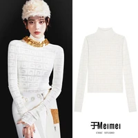 2022 autumn and winter new high neck jacquard knitted bottoming shirt women hollow mesh slim fit pullover long sleeved t shirt