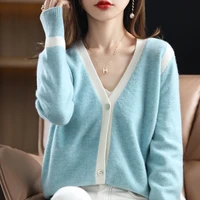 springs new 100 pure wool v neck color blocking foreign style knitted cardigan loose and versatile temperament ladies top