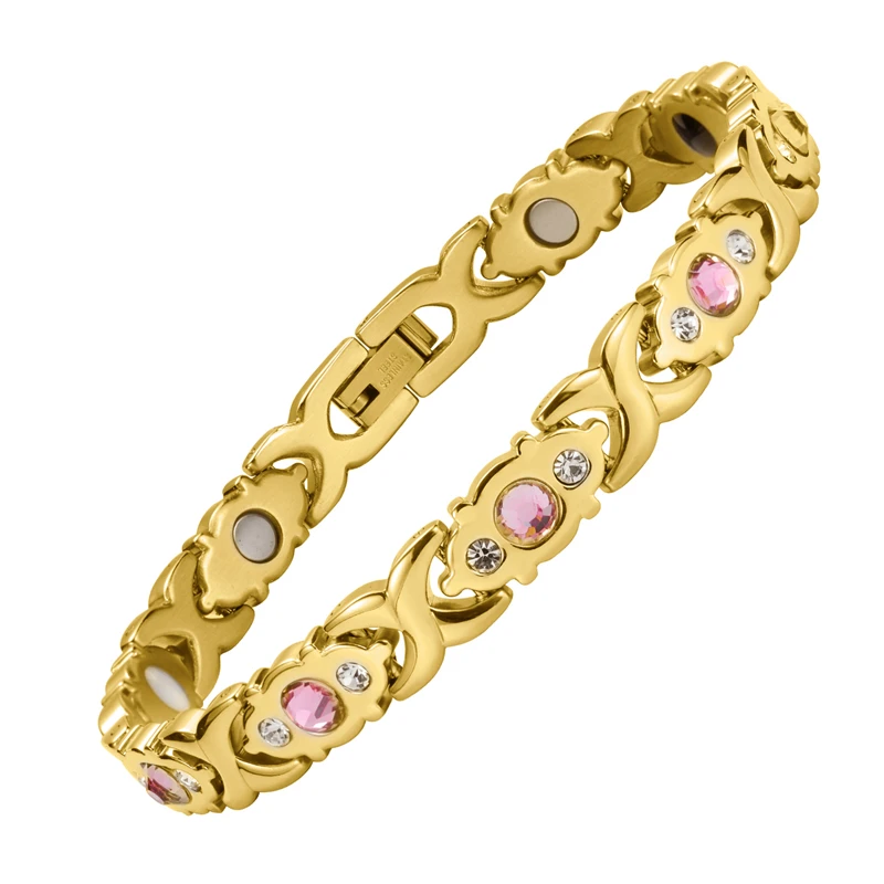 

Sparkling Pink Czech Crystal Fashion Bracelet for Women Charm Accessory 4 Elements Gold Color Plated Titanium Steel Jewelry