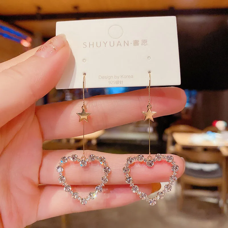 

Korean Long Rhinestone Heart-shaped Stud Earrings 925 Silver Needle Retro Fashion Ear Jewelry for Women