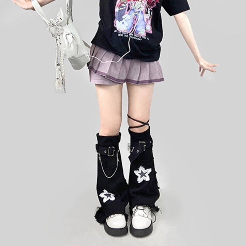 

Girls Punk Denims Leg Warmers Star Jean Flared Leg Sleeves Goth Baggy Cuffs Ankle Heap Socks JK Middle Tube Socks