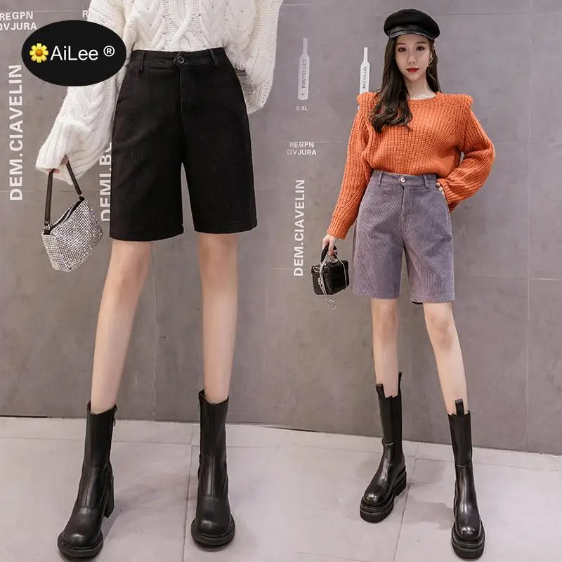 Autumn Winter Velvet Shorts Korean Half Long A line Shorts Knee Length Elastic High Waist Shorts Warm Wide Leg Shorts Women