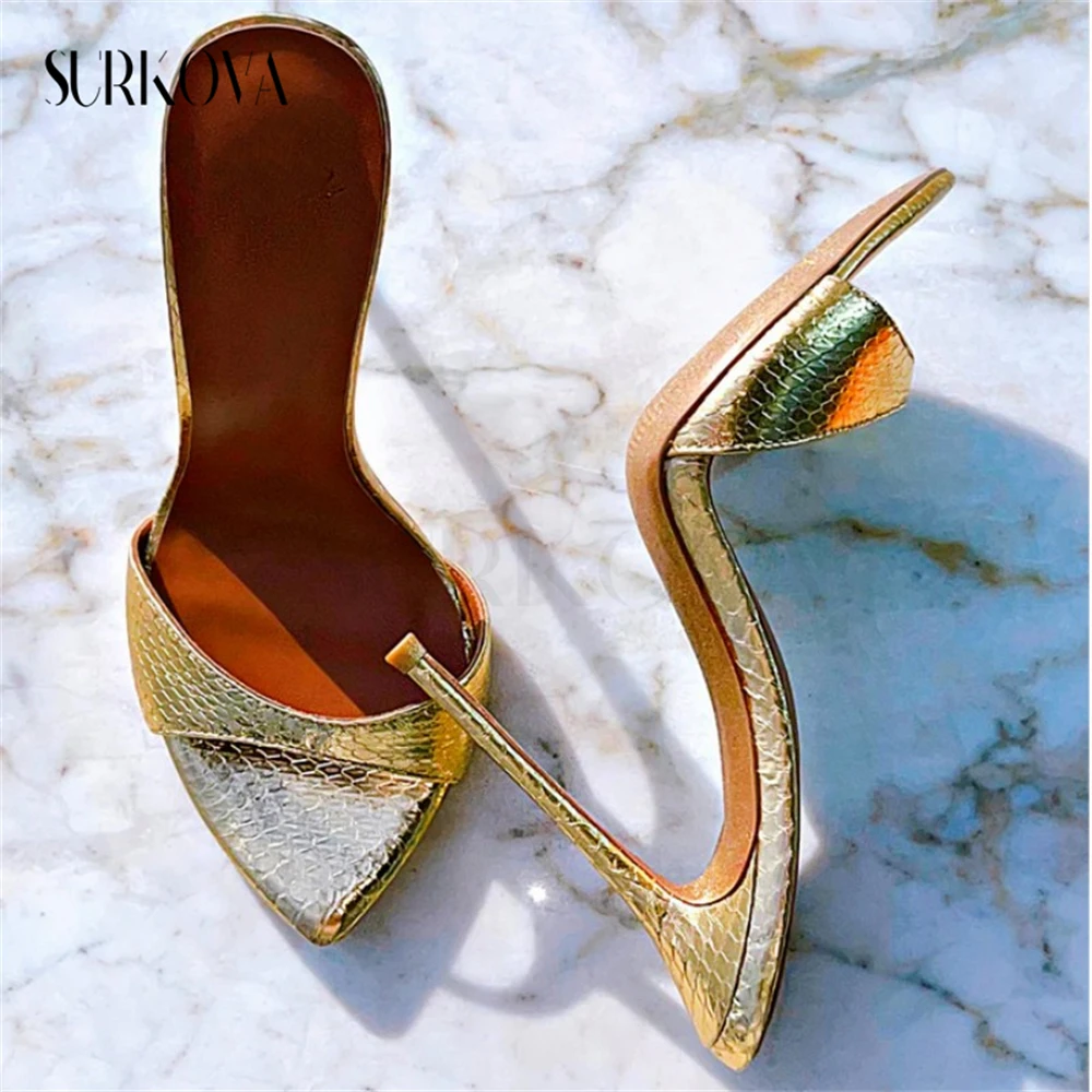 Pointed Toe Gold Foil Snake Pattern High-Heeled Slippers for Women Leather Ladies Sandals Party Dress Stilettos Feminine Shoes