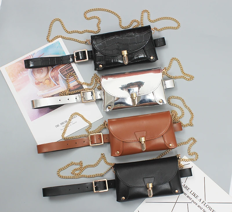 

2022 Women Mini Waist Packs Silver Camel PU Leather Waist Belt with Phone Bag Europea Street Wallet Purse Chain Messenger Bag