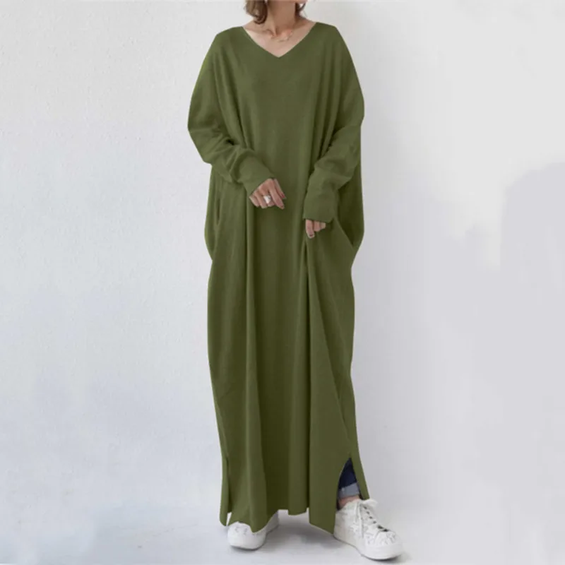 

Женский осенне-зимний пуловер с V-образным вырезом, простой и Свободный Повседневный слитный свитер большого размера, Модное Элегантное Длинное Платье