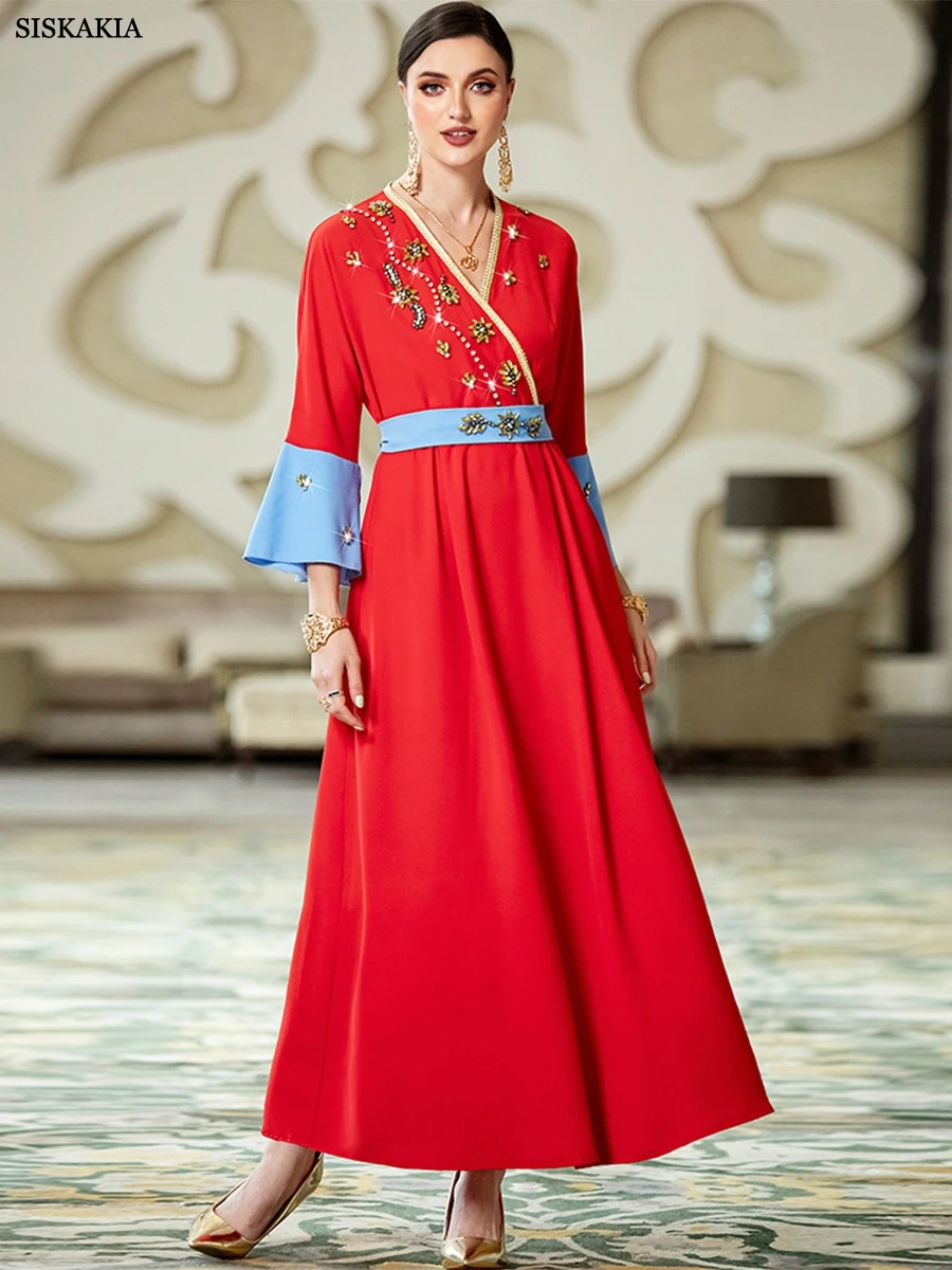 

Siskakia Dresses For Women Gala Ethnic Diamonds Patchwork Contrast Color Flounce Sleeve V-Neck Belted Muslim Female Long Dress