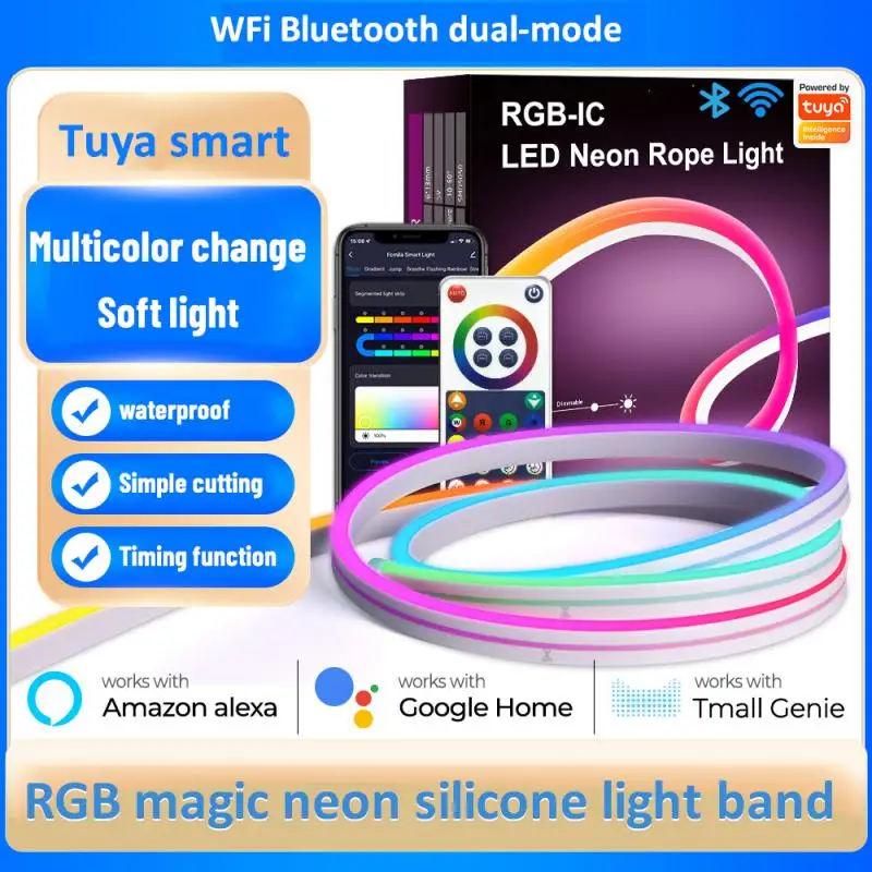

Умная неоновая полоса с WIFI Tuya, силиконовая лампа с RGB-подсветкой, музыка, приложение, голосовое управление, таймерная полоса