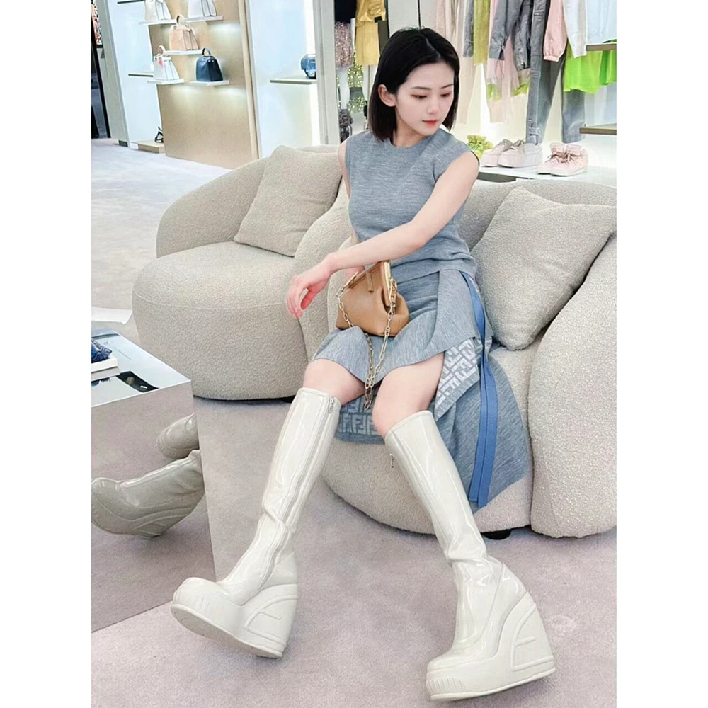 Women's Wedge Knee High Boots Round Toe High Heels Platform Thick Heel Side Zipper Patent Leather Fashion Party Elastic Boots
