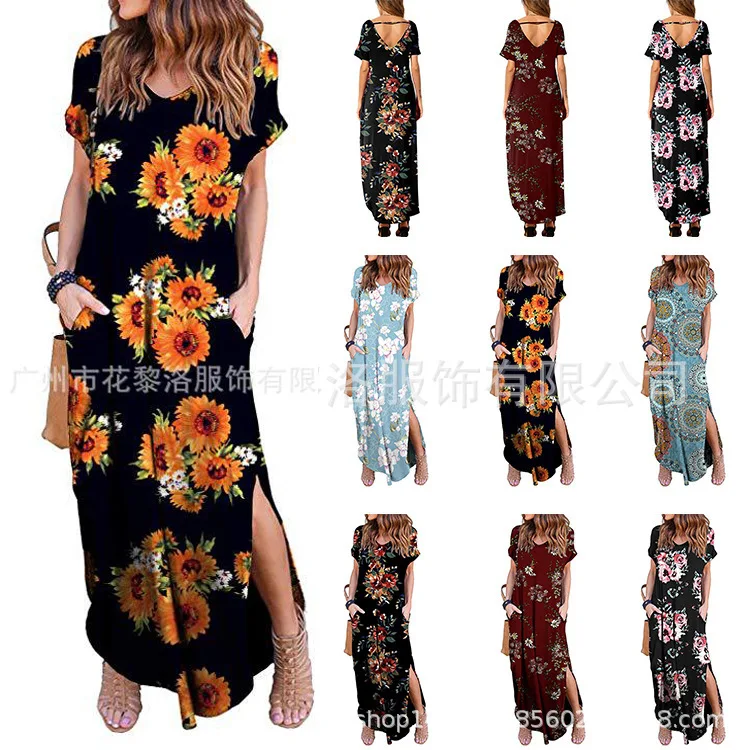 

Backless Flower Dress Round Neck Printed Pocket Short Sleeve Irregular Split Dress Women's Wear