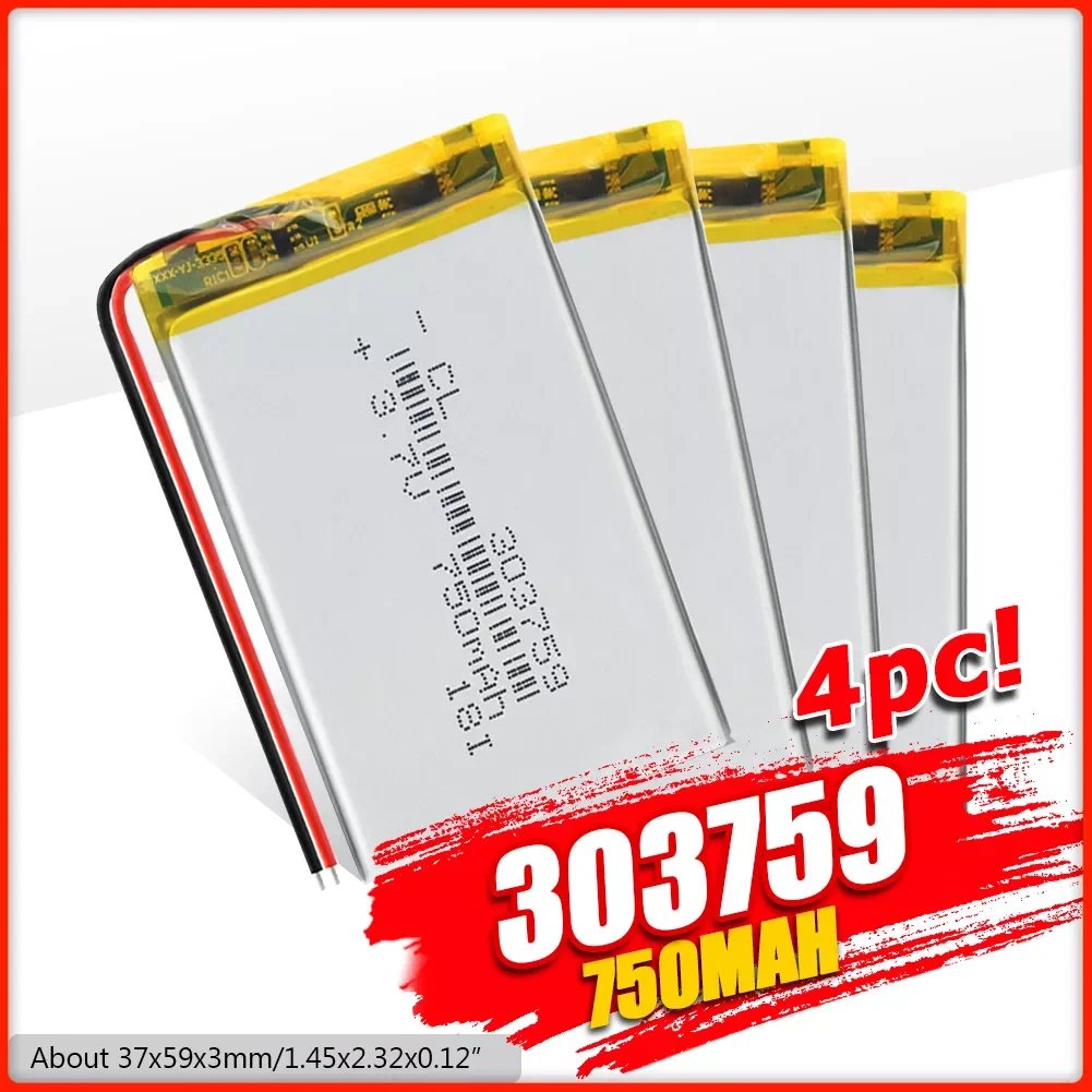 

1/2/4 Pcs Li-po Lithium Ion Polymer Battery MP3 MP4 GPS DVD DVR MID Battery 3.7v 303759 750mAh Rechargeable Li-polymer Batteries