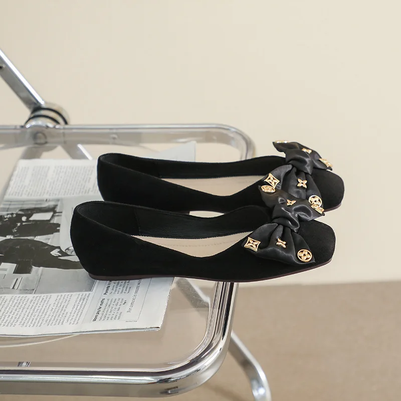 Square Toe Retro Houndstooth Single Shoes Women's Korean Version Bow Flat Beanie Shoes Soft Bottom Shallow Mouth Women Shoes