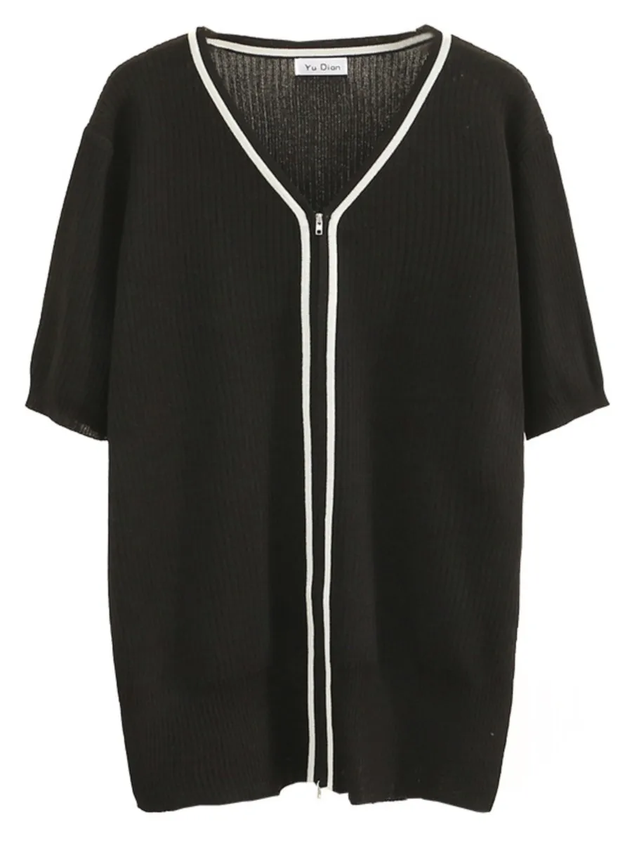 

Women's Plus Size Cardigan 4xl V-Neck Ice Knitting Thin Summer Zipper Placket Short Sleeve Contrast Color Knitwear