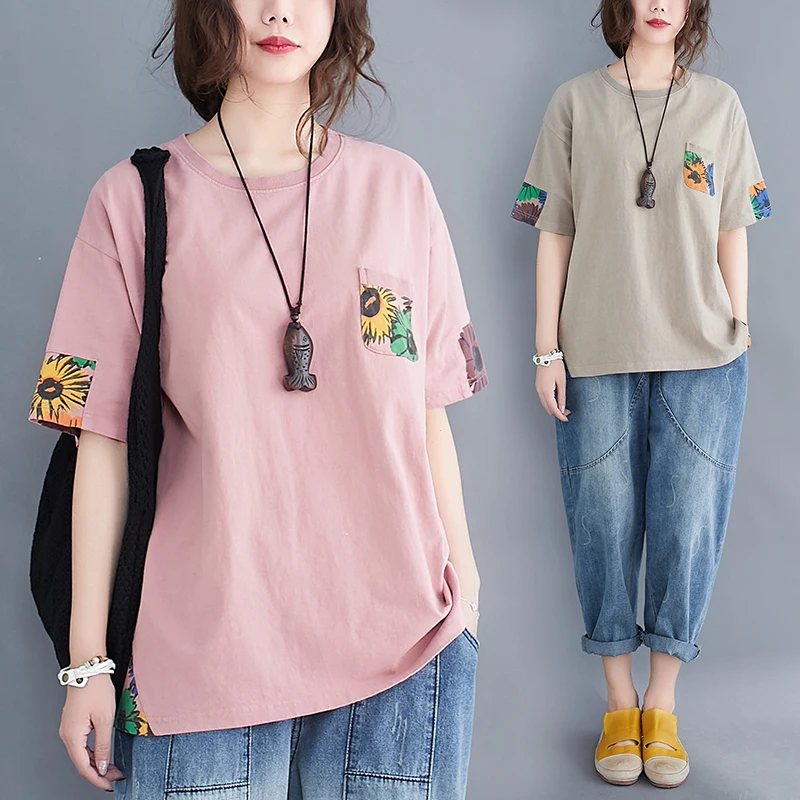 

2022 Summer New Korean Pocket Printed Short Sleeve T-shirt Women's Wide Panasonic Split Top Fashion