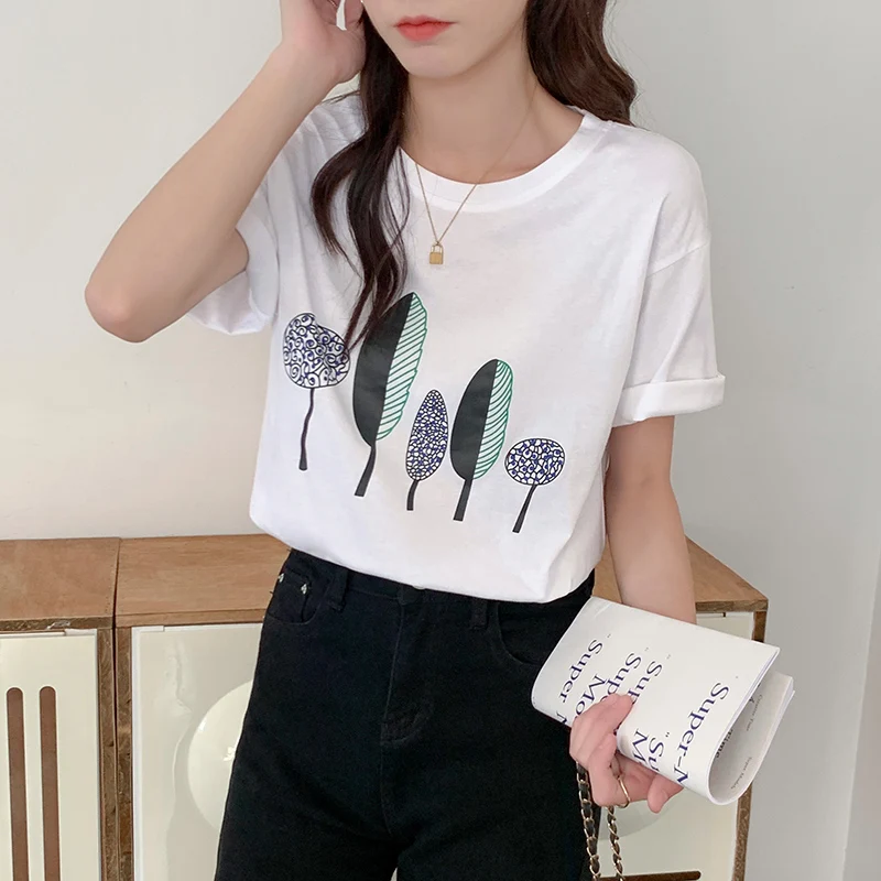 

korean casual loose T shirt Summer pure cotton Graphic Women's T-Shirt Vouge Shirts For women O-Neck Short Sleeve white y2k tops