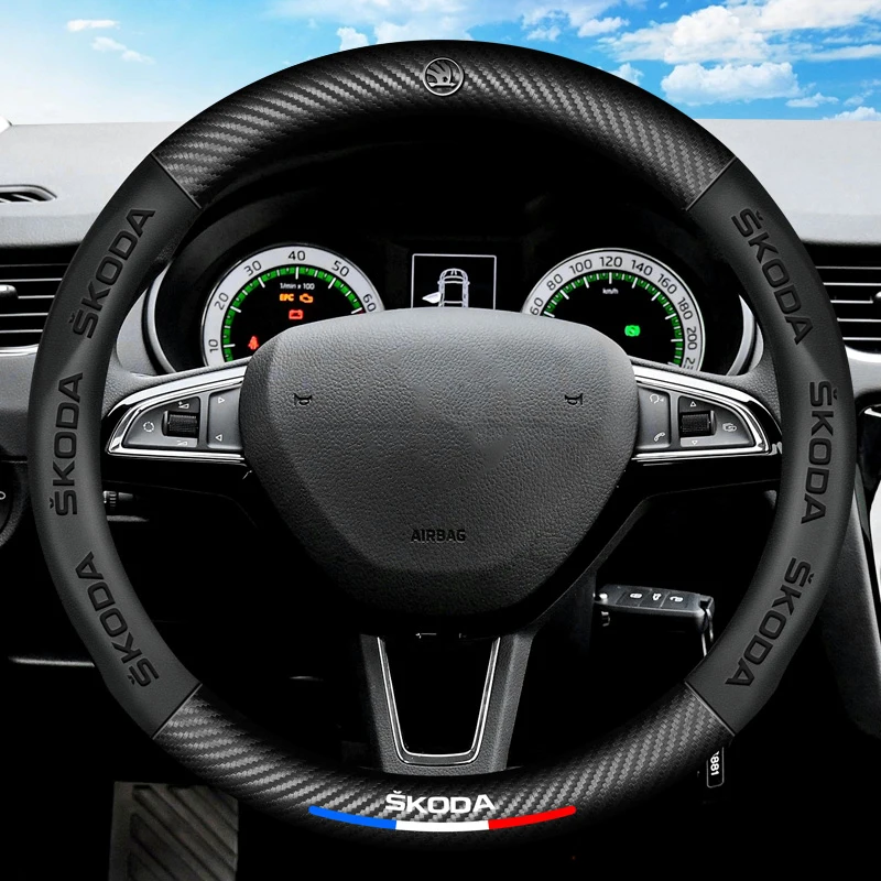 

37-38cm Car Anti Slip PU Leather Carbon Fiber Steering Wheel Covers For Skoda Fabia Octavia a7 RS Superb Rapid Yeti Karoq KODIAQ