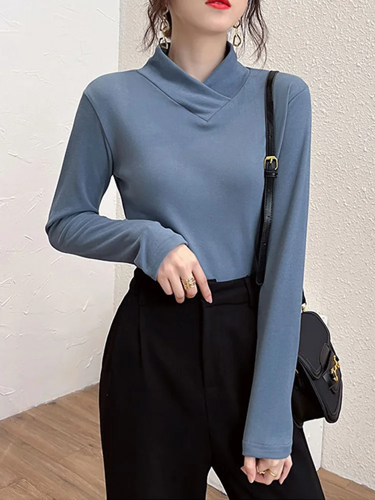 

korean Long Sleeve half turtleneck Casual slim bottoming T-shirt autumn winter velvet solid Women TShirt Thicken warm white Tops