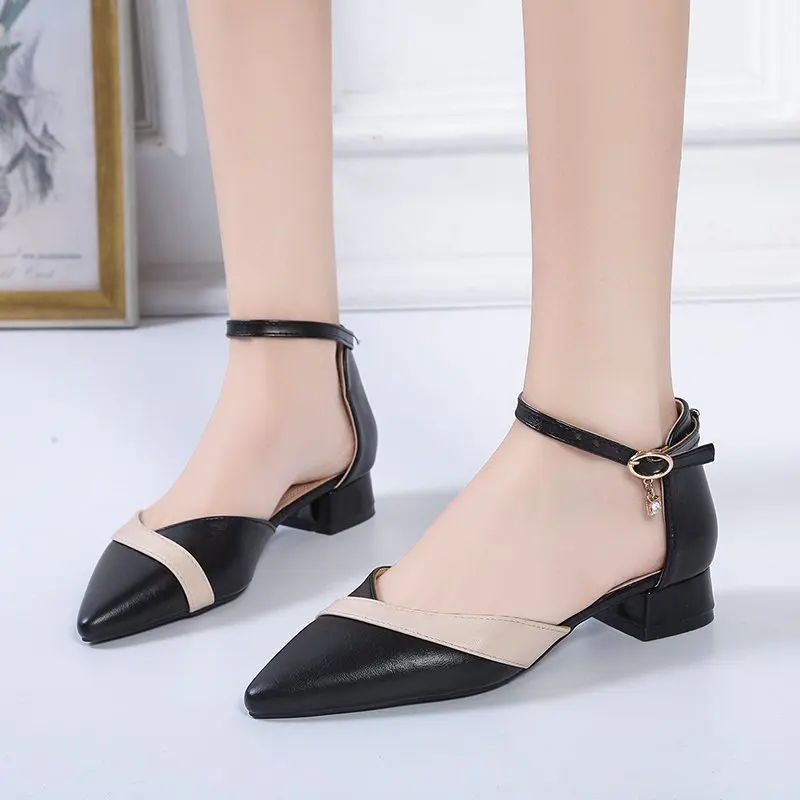 

Women's shoes pointed toe buckle toe cap sandals women summer thick heel mid-heel thick heel single shoes fashion