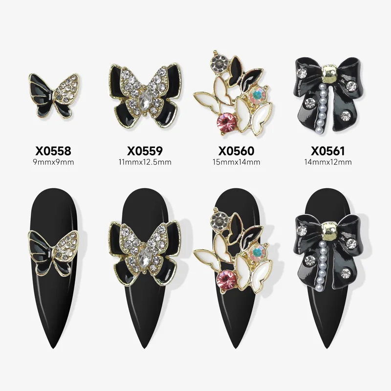 

10Pcs Black White Enamel Butterfly Bowknot Alloy Nail Art Decorations Rhinestone Manicure DIY Graceful Woman Jewelry Accessorie