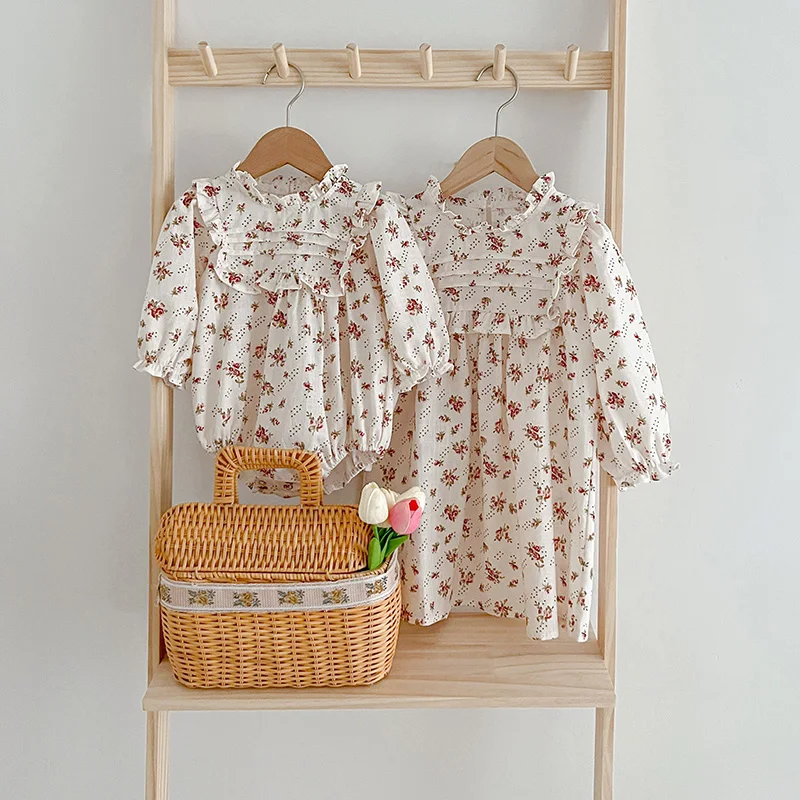 

Fashion Girls Sister Clothes Kids Long Sleeves Girls Dress Floral Lace Collar Baby Girls Rompers Jumpsuit Spring Autumn Clothing