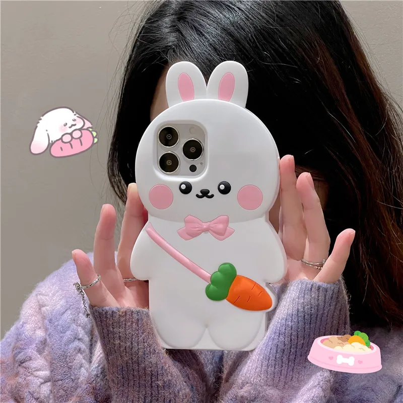 

South Korea Pop Cartoon Rabbit carrot Cute Animal Silicone Phone Case For iPhone 14 13 12 11 Pro Max 14pro 13pro 12pro kids gift