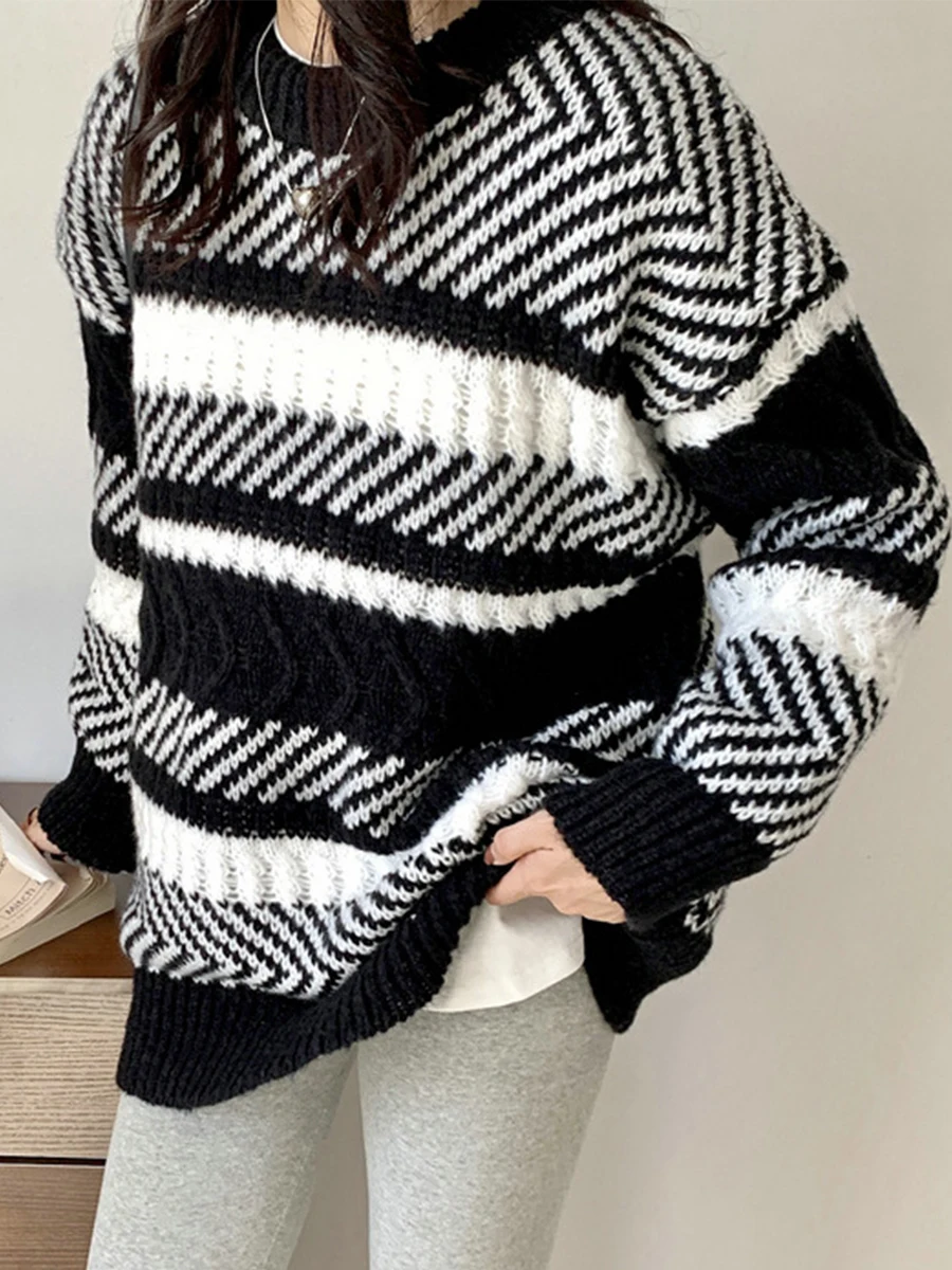 

Женский вязаный свитер в полоску, свободный Толстый Пуловер составного кроя с длинным рукавом и круглым вырезом, весна-осень