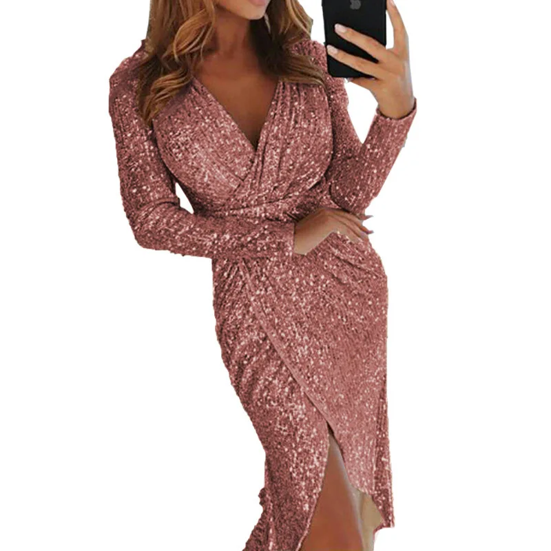 

Women's Long Sleeve V-neck Bright Sparkling Dress Dinner Sexy Dress New Ladies Tight Dresses Vintage Clothing