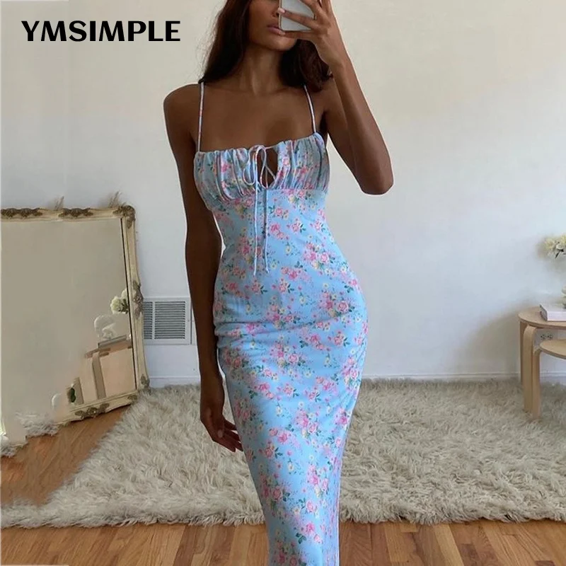 

Fashion Women 2022 Summer Floor-length Floral Print Spaghetti Strap Dress Female Elegant Sleeveless Long Maxi Party Vestidos