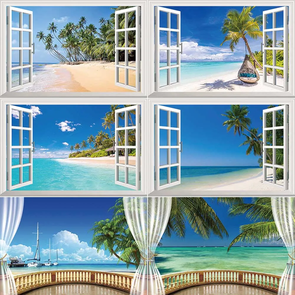 MOON.QG Blue Ocean Background Photography Cloud Window Curtain Sky Photozone Backdrop Children Studio Photobooth Supplies