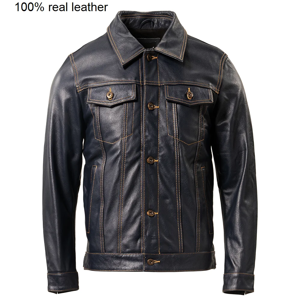 

Classic 507 Style Real Cow Leather Jacket For Men Blue Black Slim Fit Genuine Skin Coat Male Clothes Autumn Asian Size M421