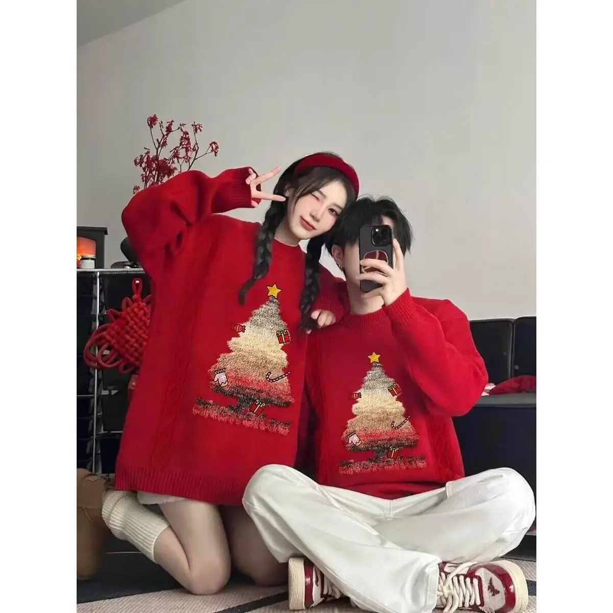 Christmas Couple Wear Fall and Winter New Arrival 2024 Year Red Sweater Battle Gown Matching Clothes |