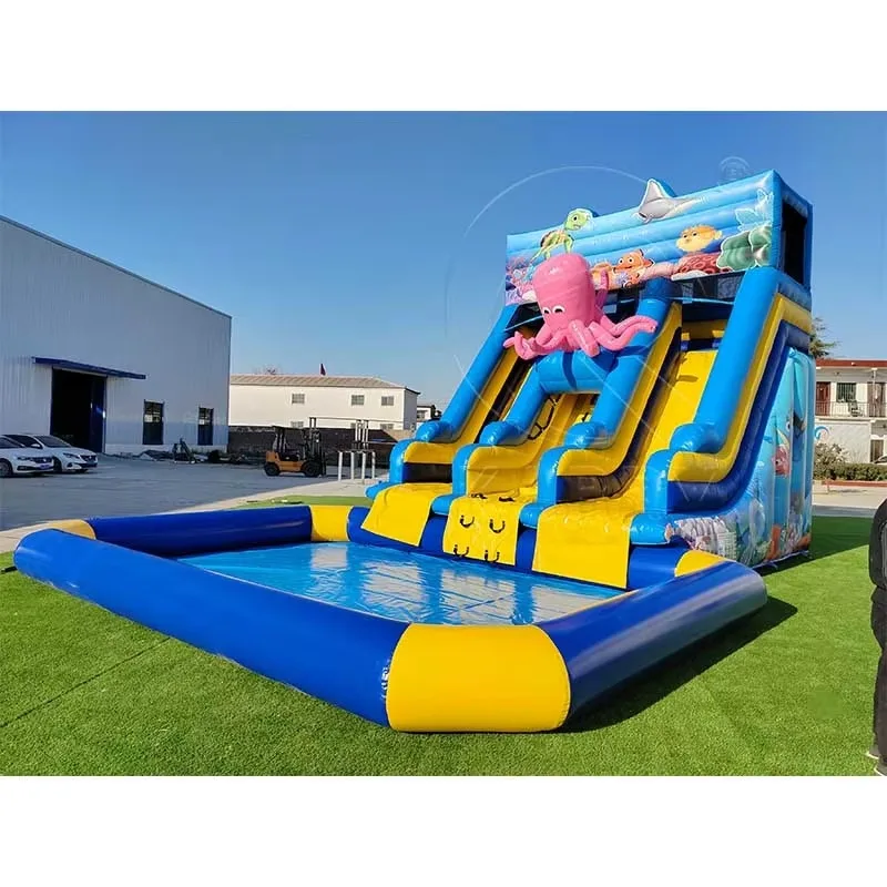 Фото Популярные надувные водные горки Octopus Aqua Park с отсоединяемым бассейном, красочные надувные батуты-горки для водных развлечений №1