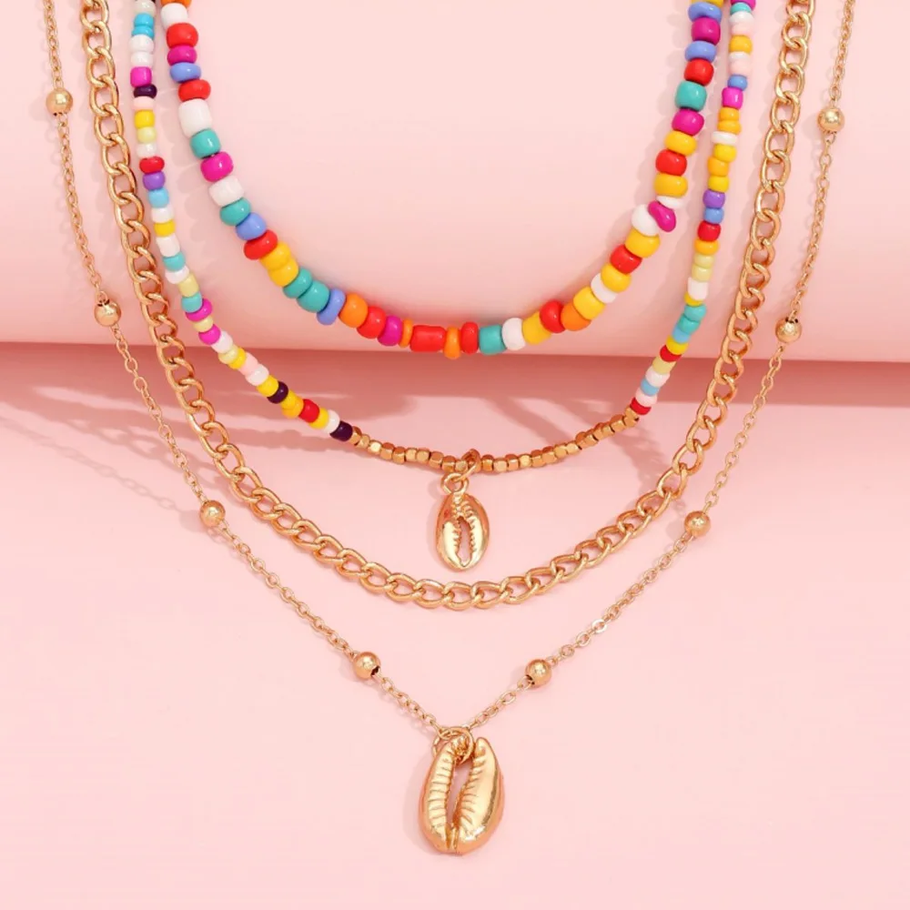 Shell Metal Clavicle Chain Colorful Rice Beads Multilayer Necklace Set Accessories enlarge