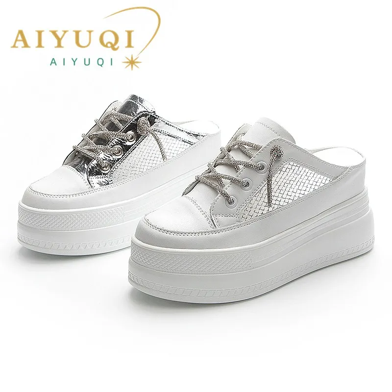 AIYUQI Slippers Women Platform High Heel Closed Toe Women Slippers Summer Mesh Hollow Women's Half Slippers