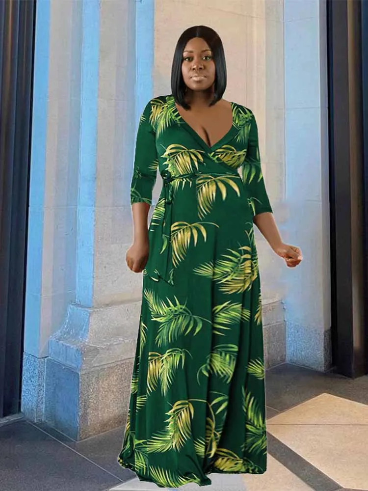 

Женское летнее длинное платье с цветочным принтом и V-образным вырезом