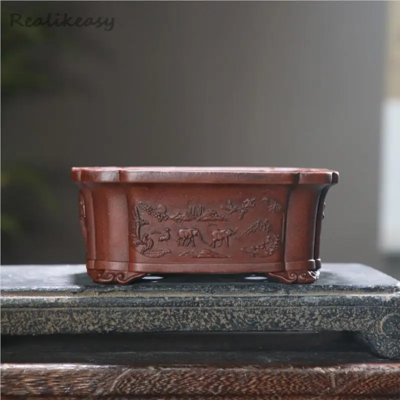 7Size Purple Clay Flowerpot Rectangular Elephant Pattern Antique Handmade Flowerpot Home Office Desktop Decorative Flower Pot