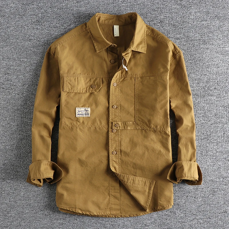 

Men's Spring and Autumn Plaid Weave Breathable Shirt - New Arrival Workwear Style, Washed Long Sleeve, Classic Solid Color