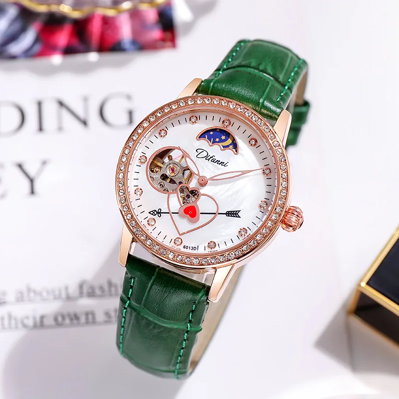 Rose Gold Case Women Automatic Mechanical Watches Diamond Cupid Arrows WristWatches Ladies Rose Leather Watch Waterproof enlarge
