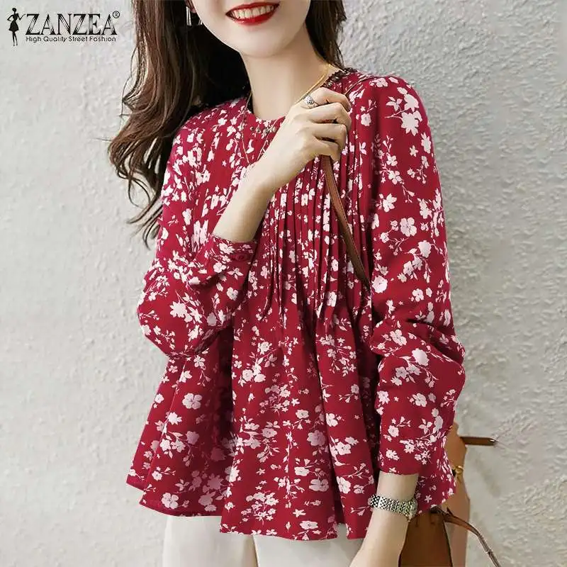 

Осенняя блузка ZANZEA с длинным рукавом и цветочным принтом, женская элегантная рубашка, офисные блузы, повседневные богемные Свободные плисс...