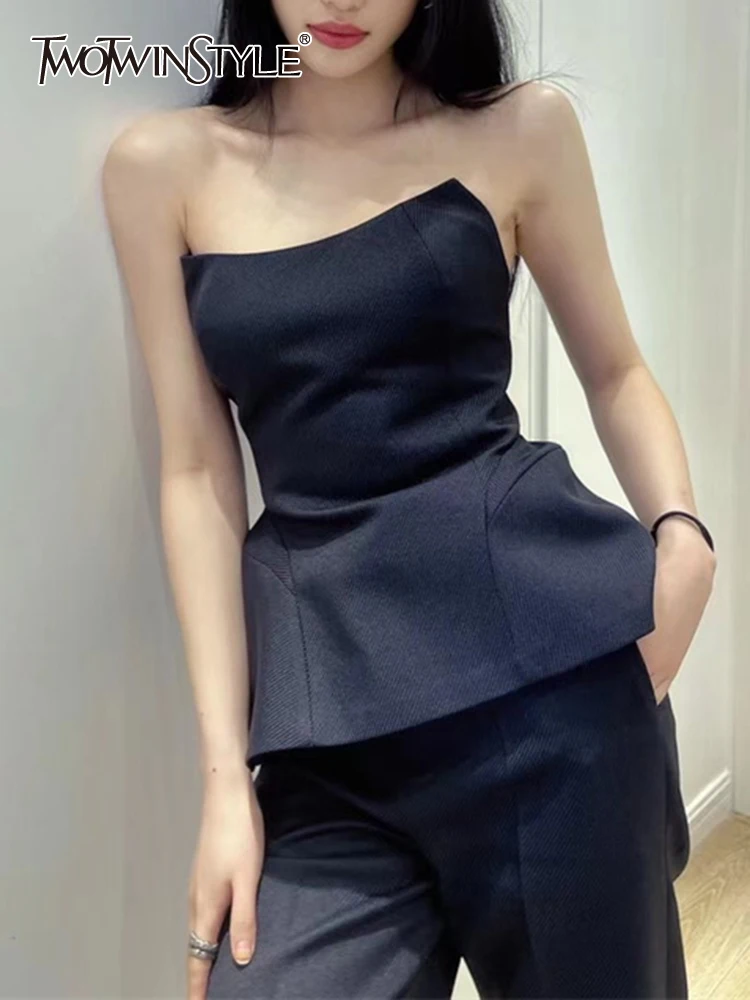 

TWOTWINSTYLE Folds Tank Tops For Women Strapless Sleeveless Folds Pullover Temperament Summer Vest Female Fashion Clothing New