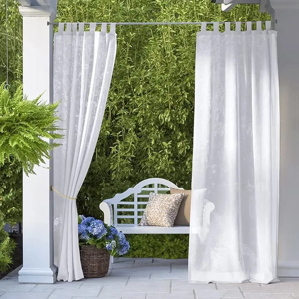 

Outdoor Sheer Curtains, Waterproof Tab Top White drape for Cabana Patio Door Window Corridoe Sun Room Pool Hut Canopy Deck