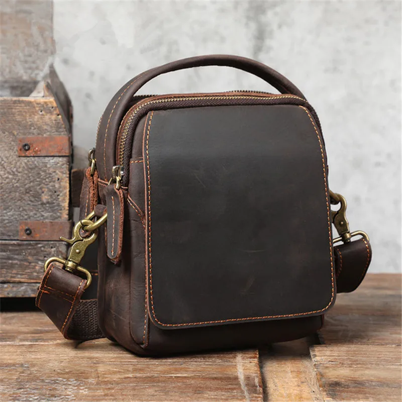 Simple casual crazy horse leather men's shoulder messenger mobile phone bag retro fashion designer natural real cowhide handbag