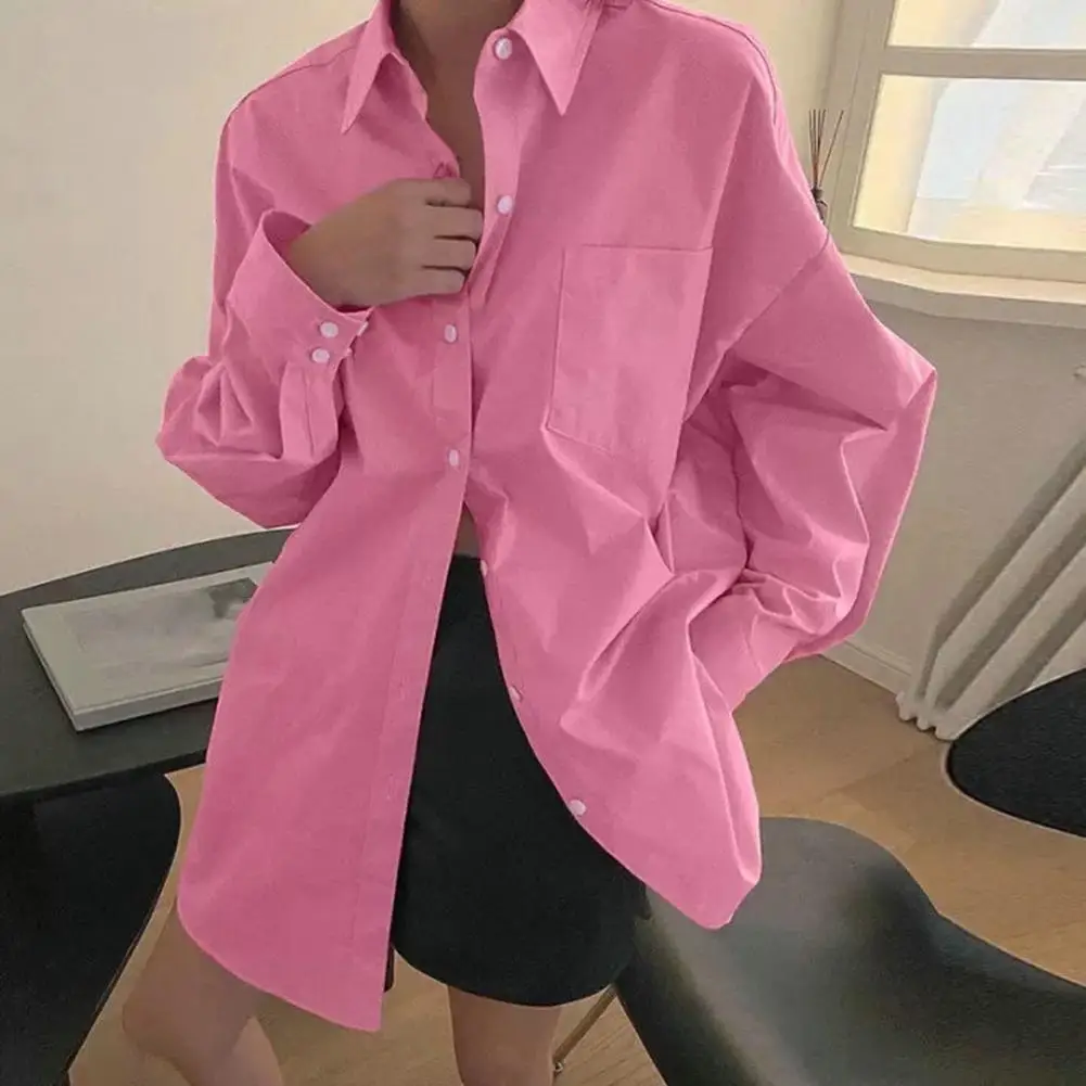 

Women Shirt Blouse Lapel Lantern Long Sleeves Lady Single-breasted Placket Solid Color Lady Loose Shirt Top Female Clothing