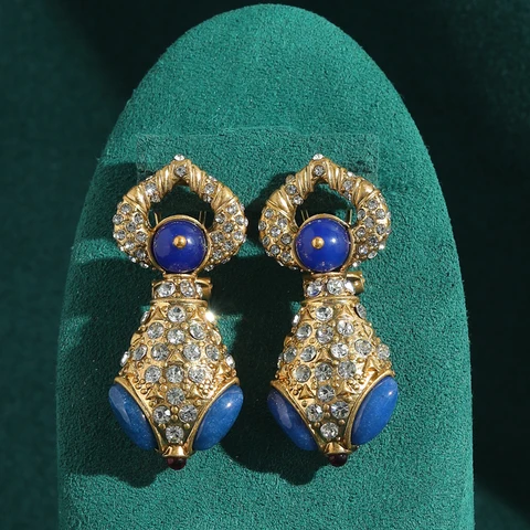 Винтажные темно-синие серьги-капли в виде головы змеи, натуральный камень, золотой цвет, стразы для женщин, аксессуары, юбилейная вечеринка, тренд 2025 года